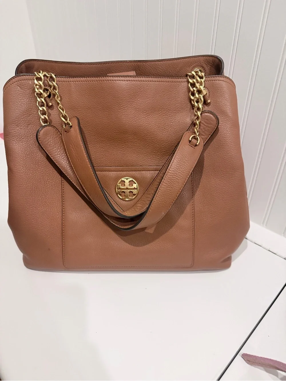 Tory Burch Britten Small Slouchy Tote Bark Brown Pebbled Leather
